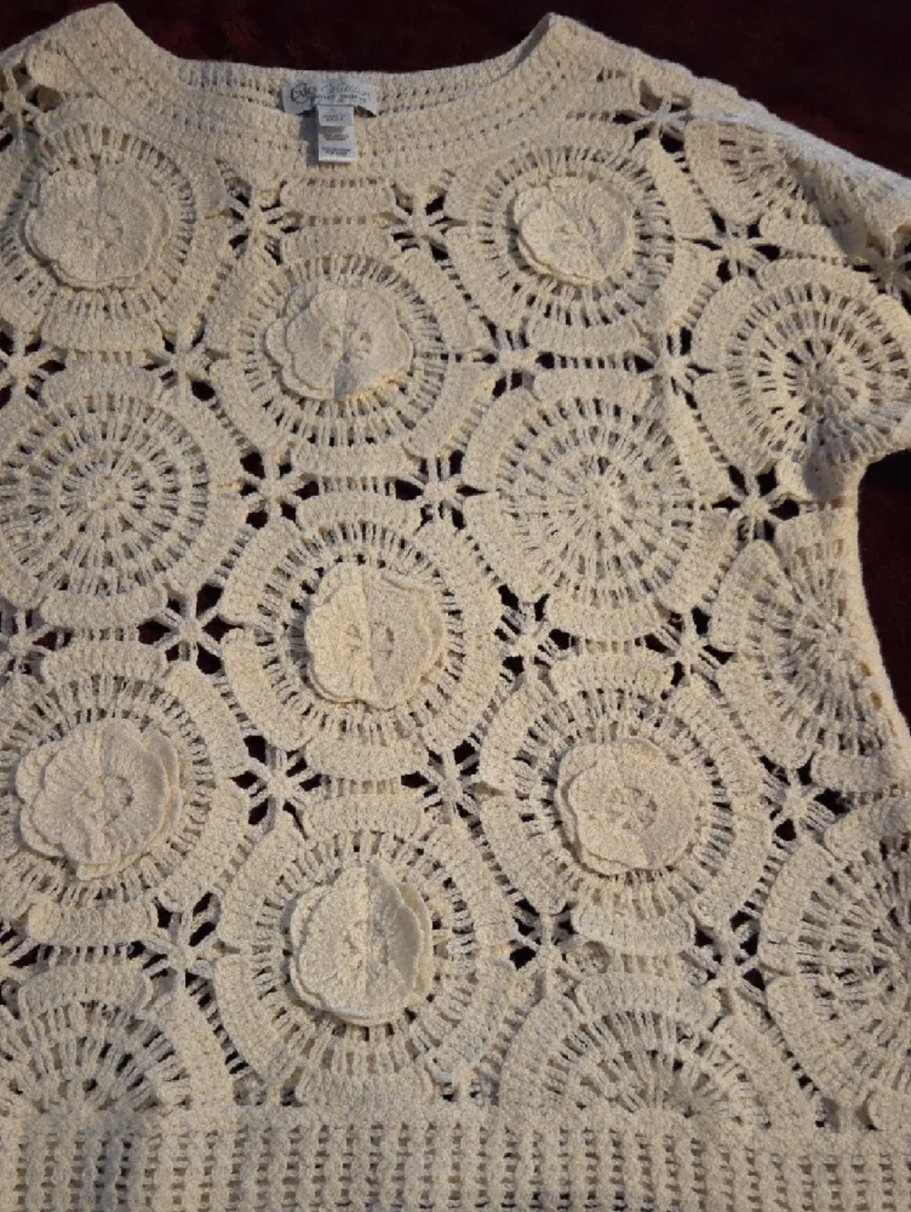 Cato Cream Crochet Flower And Circle Motif Short Sleeve Sweater - Picture 5 of 11